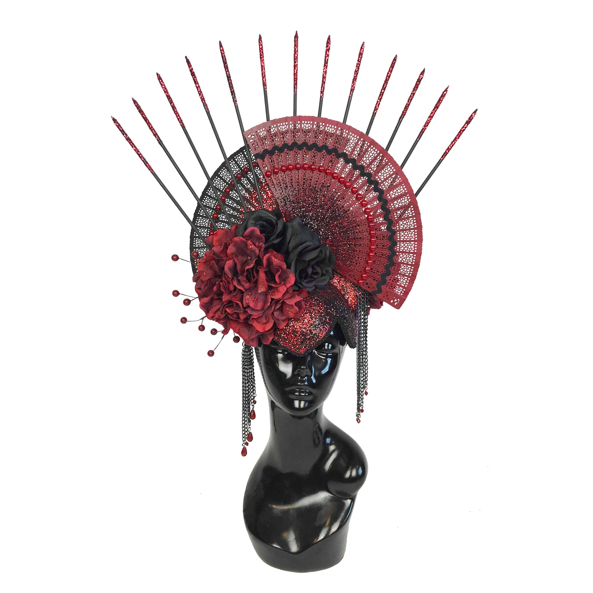 Fan and Floral Headdress, black and burgundy
