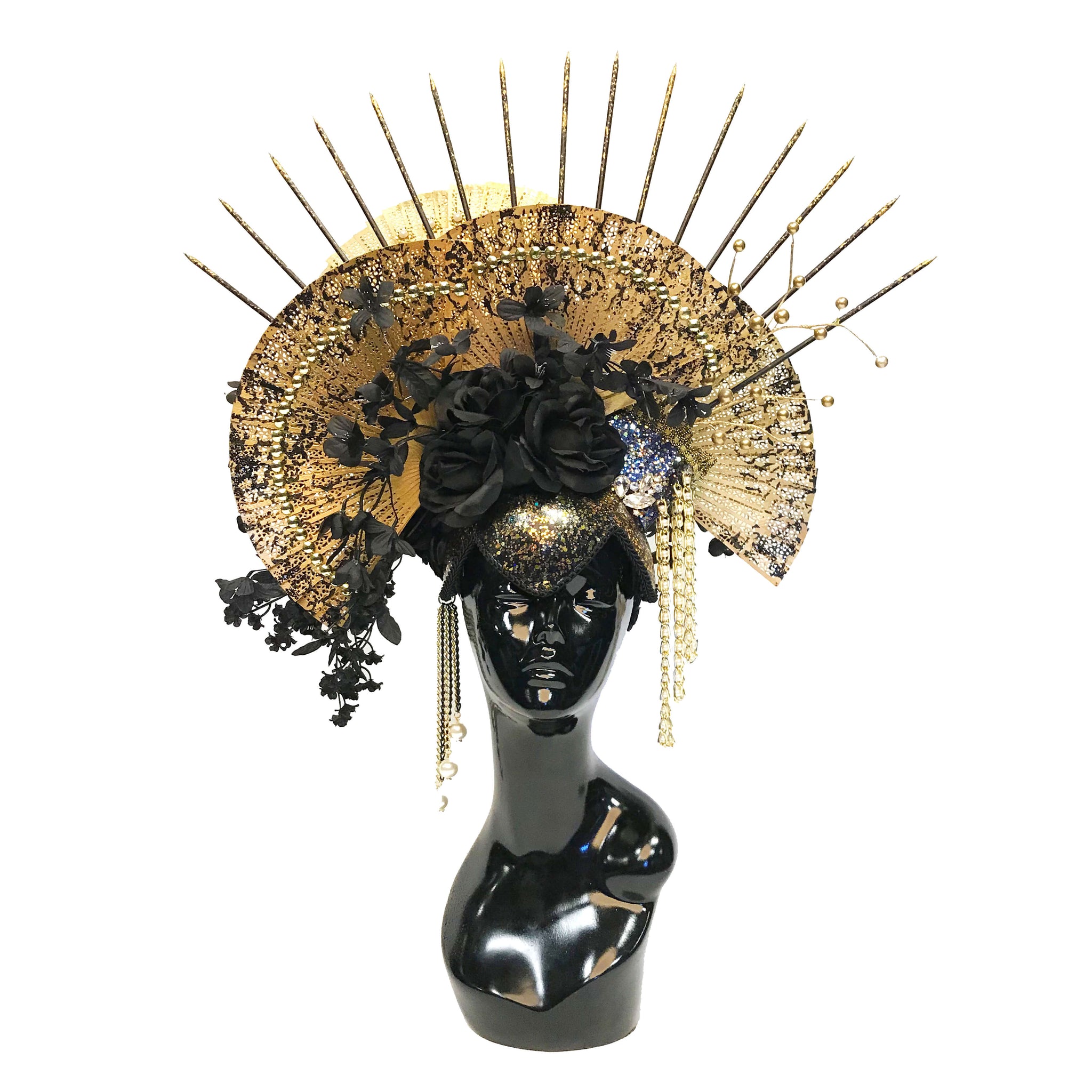 Fan and Floral Headdress, gold and black